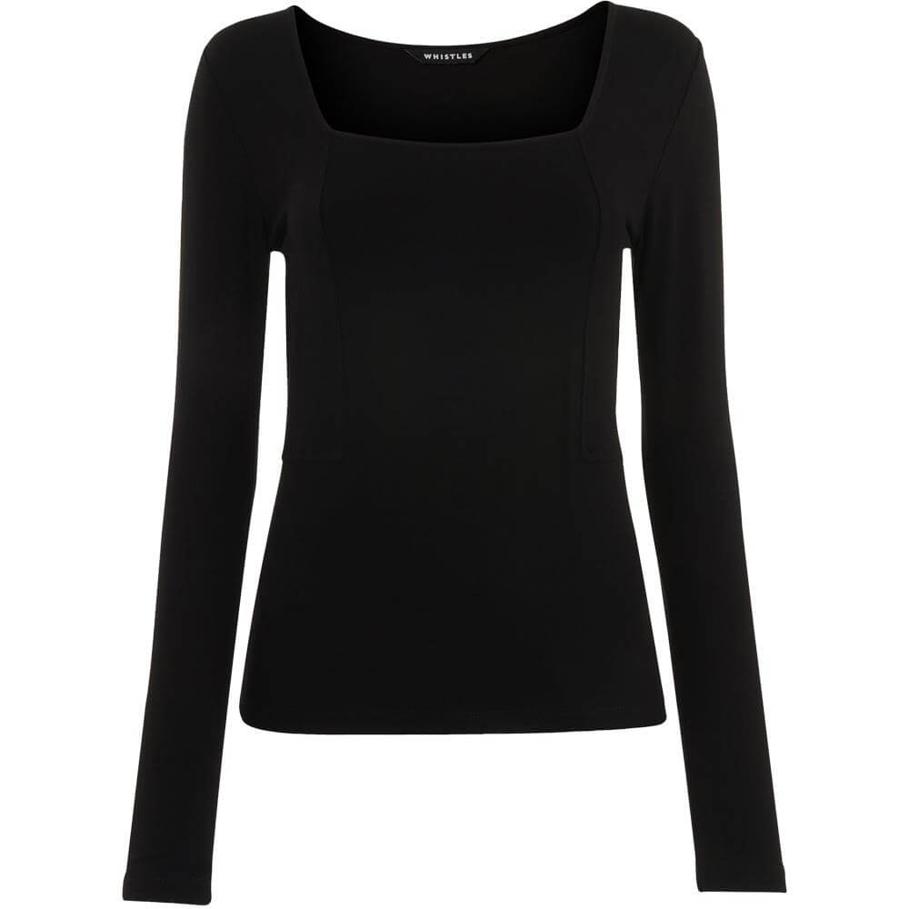 Whistles Black Square Neck Long Sleeve Top